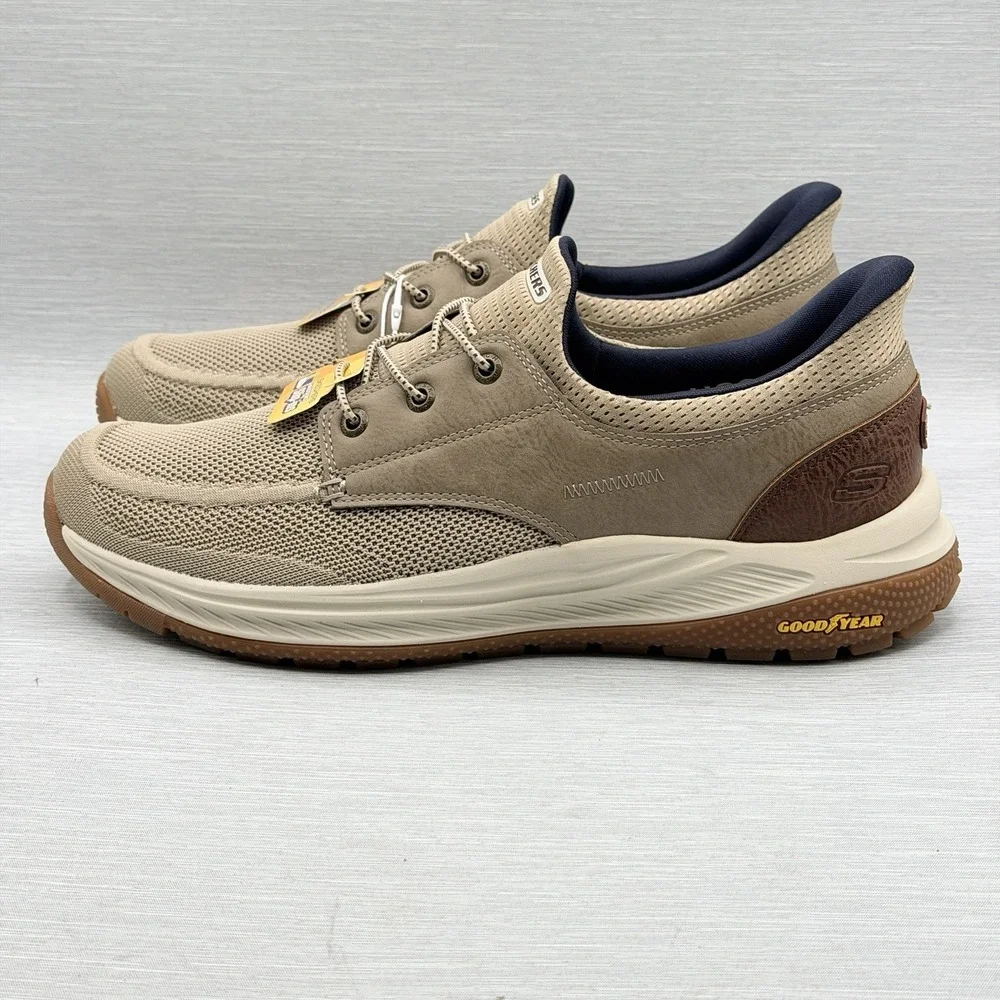 Skechers Slip Ins Men's 12 Wide Taupe Walking Shoes Relaxed Fit Goodyear Meroe
